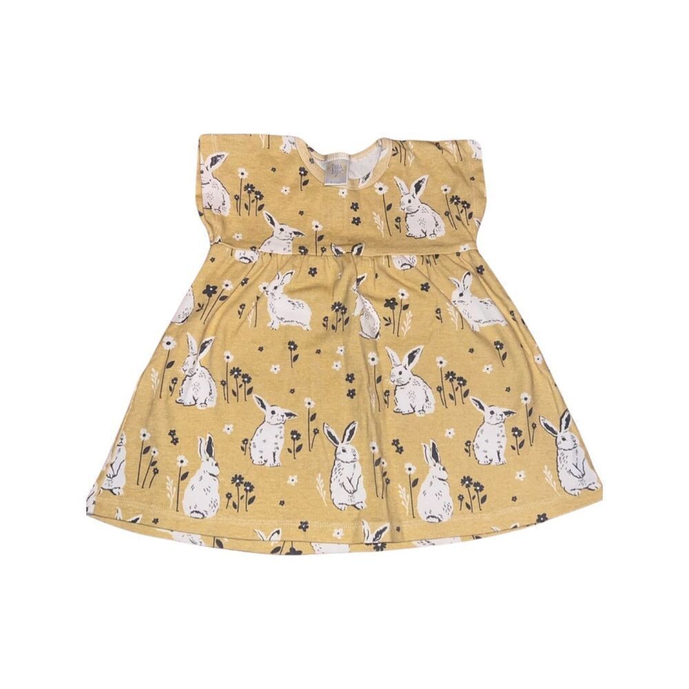 New Tesa Babe Mustard Short Sleeve Rabbit Pattern Baby Tunic Dress Top 6-12 Mon